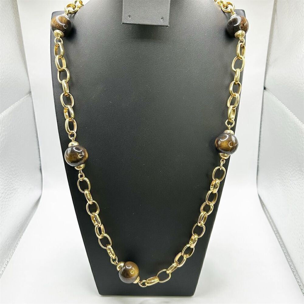 Banana Republic Gold Tone Chain & Faux Tiger's Eye Bead Necklace 34" Long